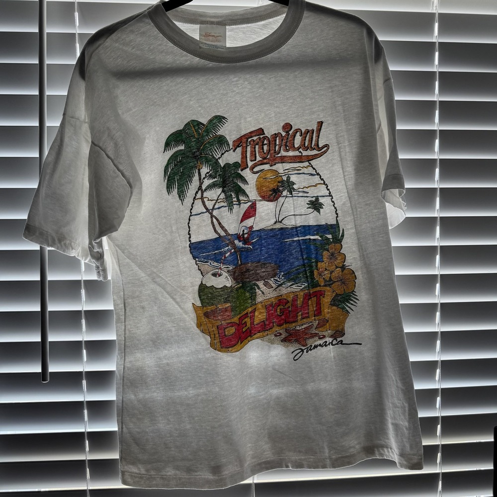 Vintage 80s Jamaica Paper Thin Shirt Adult XL White Tropical Beach Graphic Tee